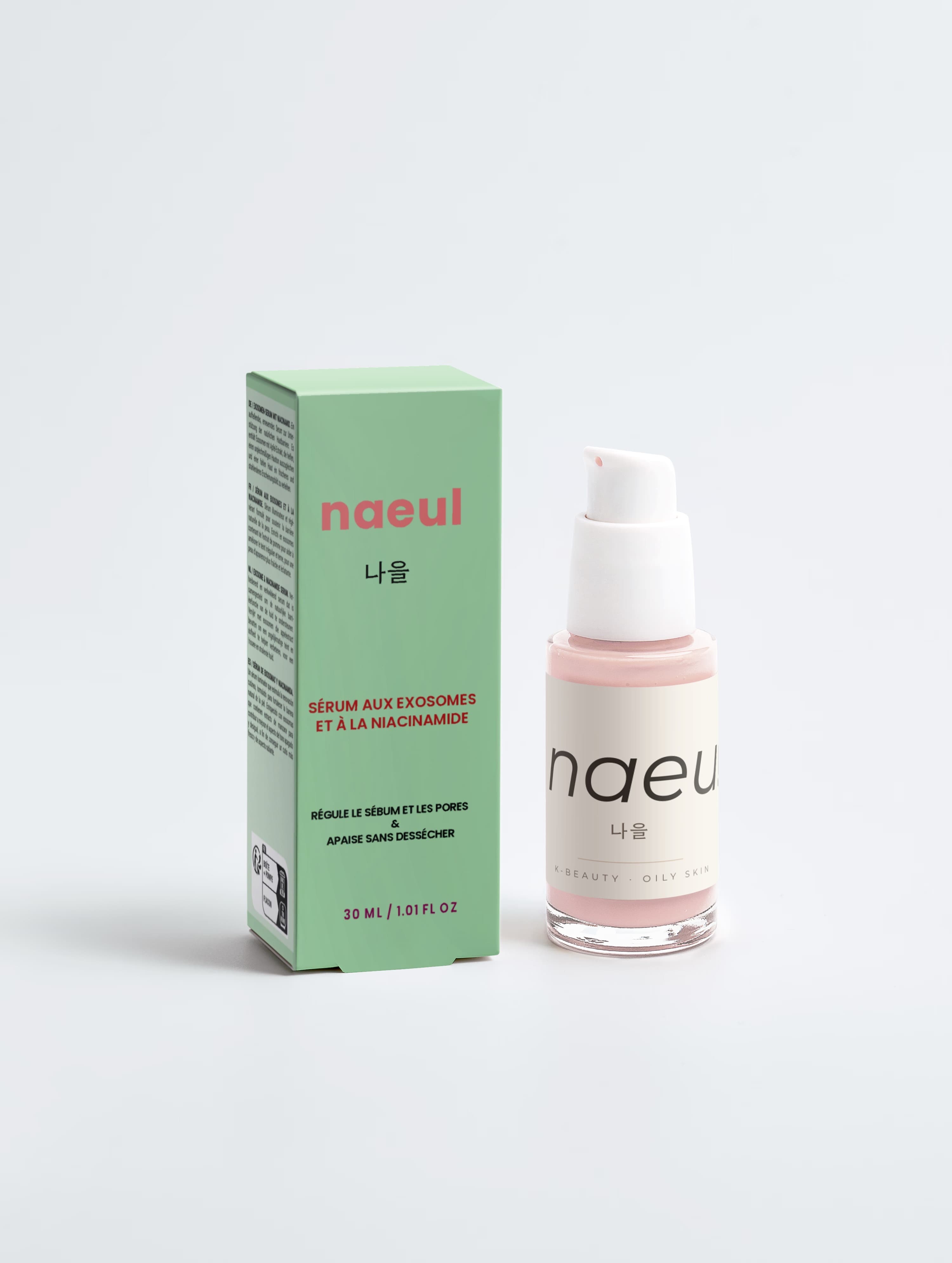 naeul — le sérum aux exosomes et à la niacinamide, avec sa boîte vert sauge